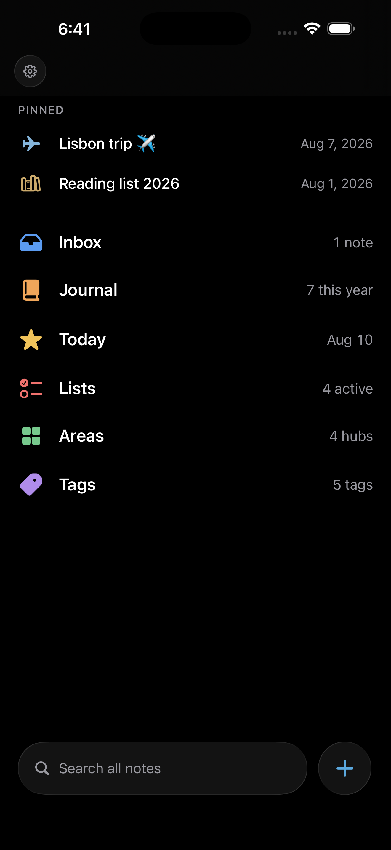 Jot It Down showing Inbox, Journal, Today, Lists, Areas, Tags, and pinned notes